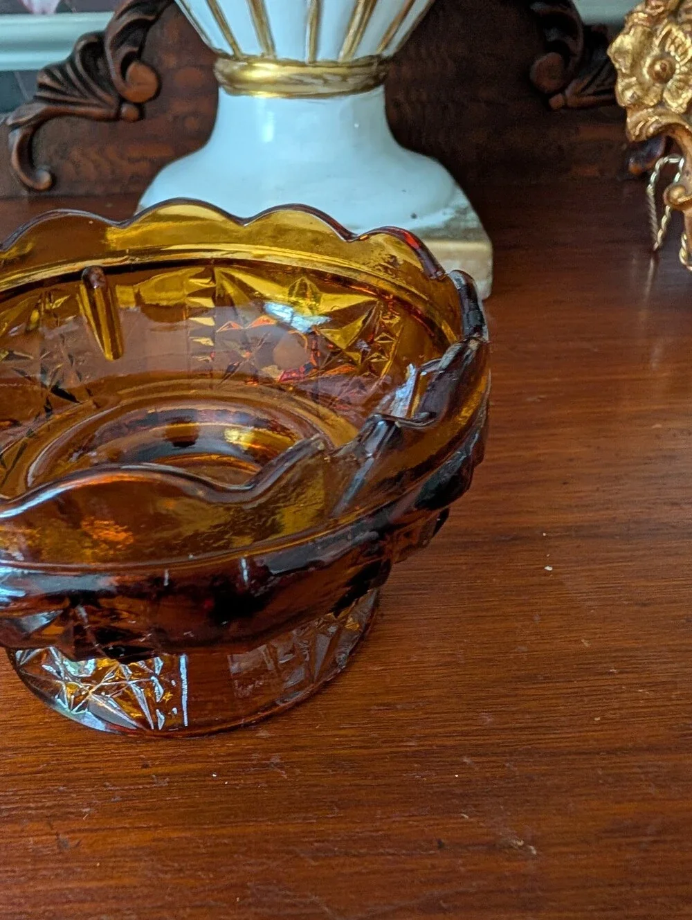 Vintage Indiana Glass Dark Amber Fairy Lamp, Stars and Bars, READ